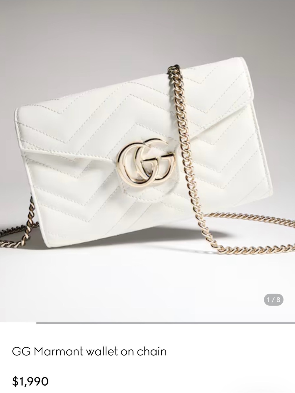 Gucci White Quilted GG Marmont Wallet on Chain with Gold Hardware